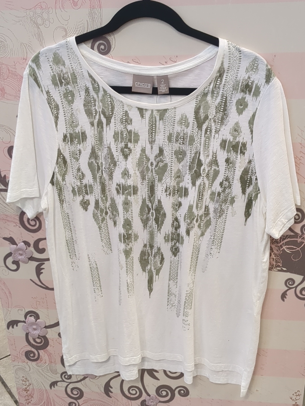 Chico's White Short-Sleeve Tee with Olive Ikat Print